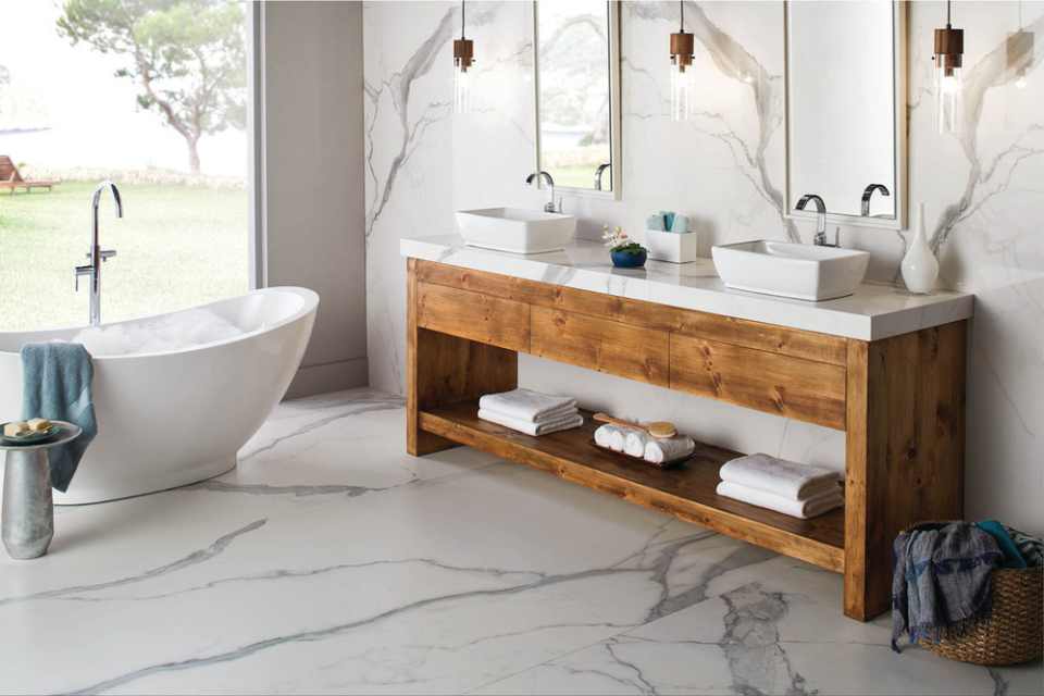porcelain marble look tile in modern nature inspired bathroom